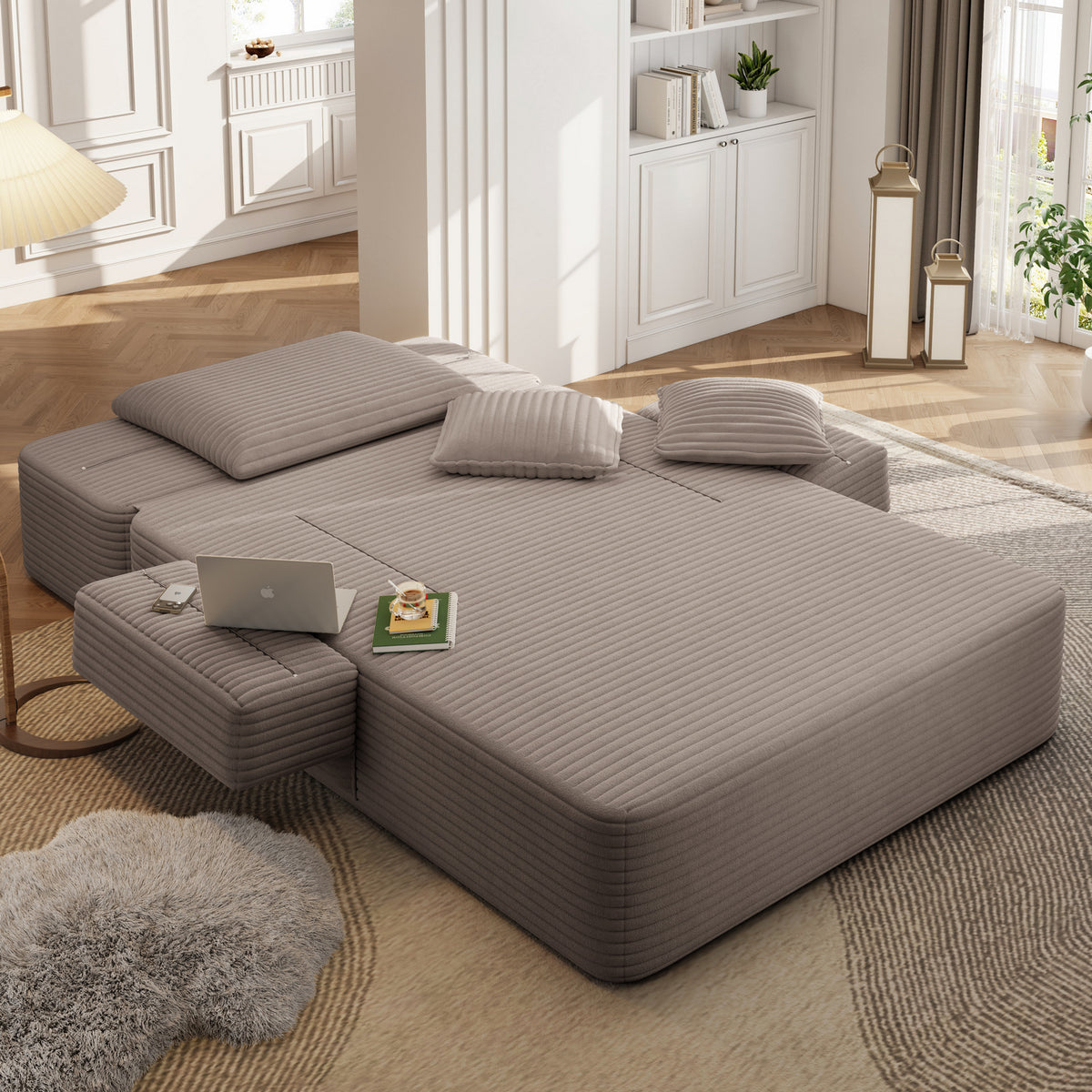 Oversized Plush Corduroy Chaise Lounge Sofa, Convertible Sleeper Couch Bed with Storage Pockets & 3 Pillows