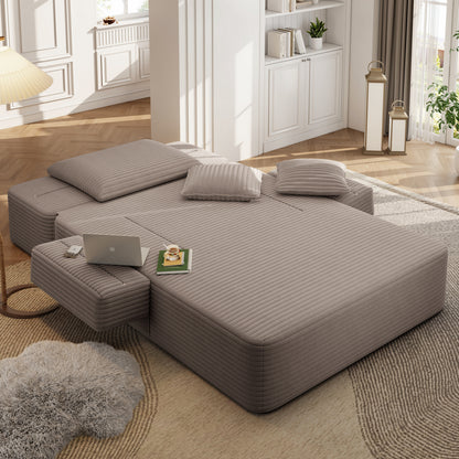 Oversized Plush Corduroy Chaise Lounge Sofa, Convertible Sleeper Couch Bed with Storage Pockets & 3 Pillows