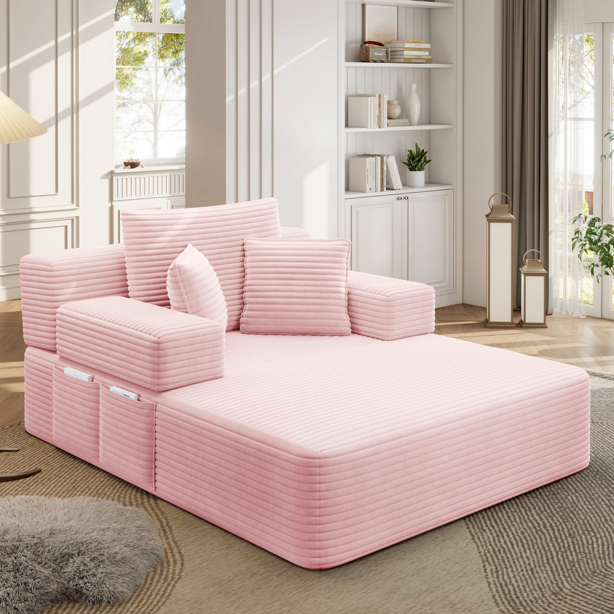 Oversized Plush Corduroy Chaise Lounge Sofa, Convertible Sleeper Couch Bed with Storage Pockets & 3 Pillows