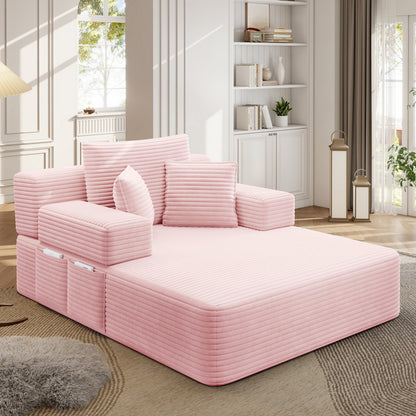 Oversized Plush Corduroy Chaise Lounge Sofa, Convertible Sleeper Couch Bed with Storage Pockets & 3 Pillows
