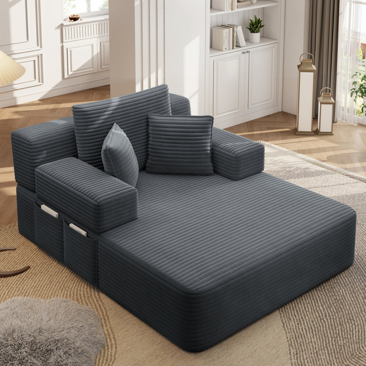 Oversized Plush Corduroy Chaise Lounge Sofa, Convertible Sleeper Couch Bed with Storage Pockets & 3 Pillows