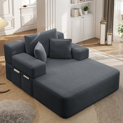 Oversized Plush Corduroy Chaise Lounge Sofa, Convertible Sleeper Couch Bed with Storage Pockets & 3 Pillows