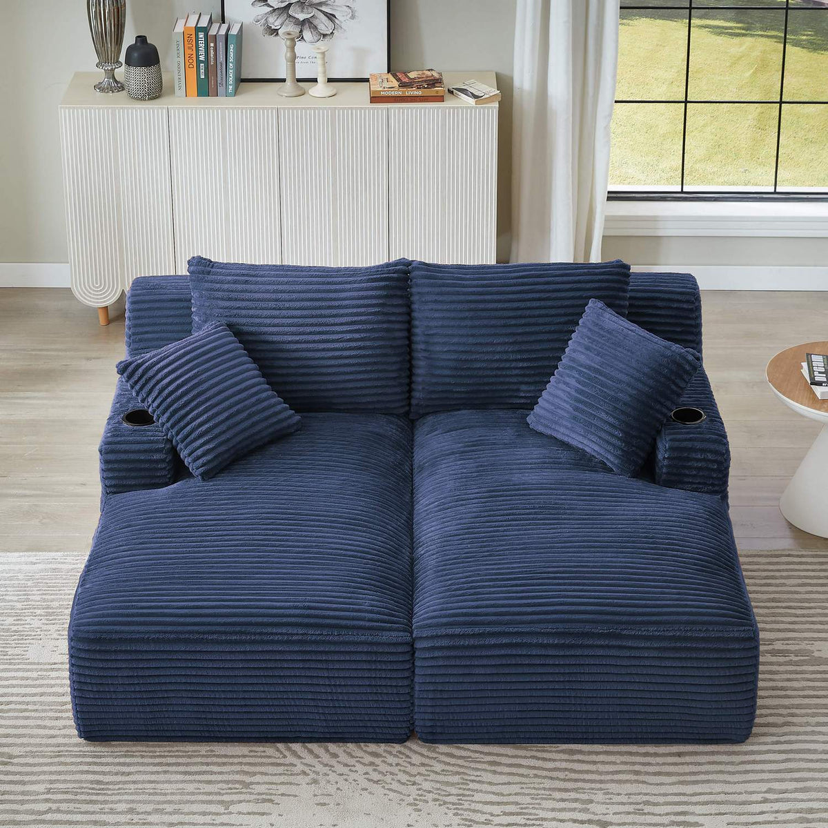 Compressible Double Chaise Lounge Loveseat with Cupholders, No Assembly