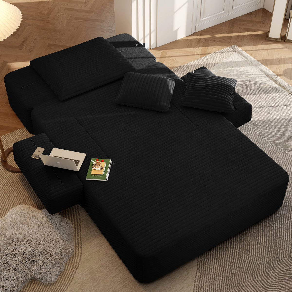 Oversized Plush Corduroy Chaise Lounge Sofa, Convertible Sleeper Couch Bed with Storage Pockets & 3 Pillows