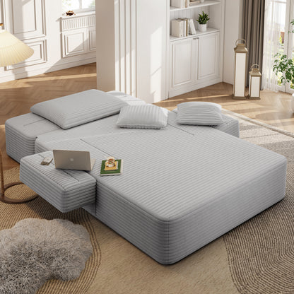 Oversized Plush Corduroy Chaise Lounge Sofa, Convertible Sleeper Couch Bed with Storage Pockets & 3 Pillows