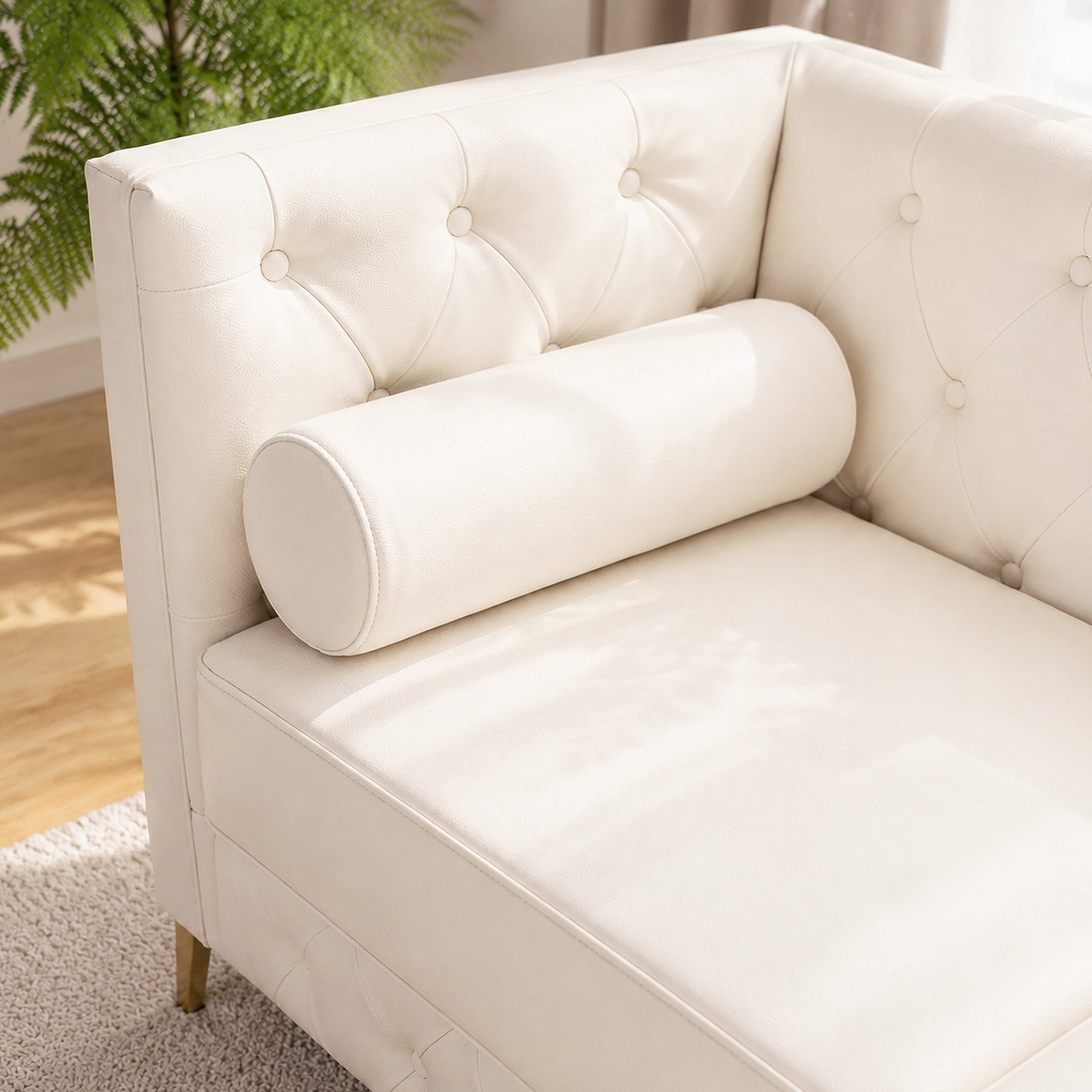 White Faux Leather Couch, Modern Tufted 3-Seat Sofa with Decorative Pillows, Metal Legs and High-Rebound Sponge Comfort for Home