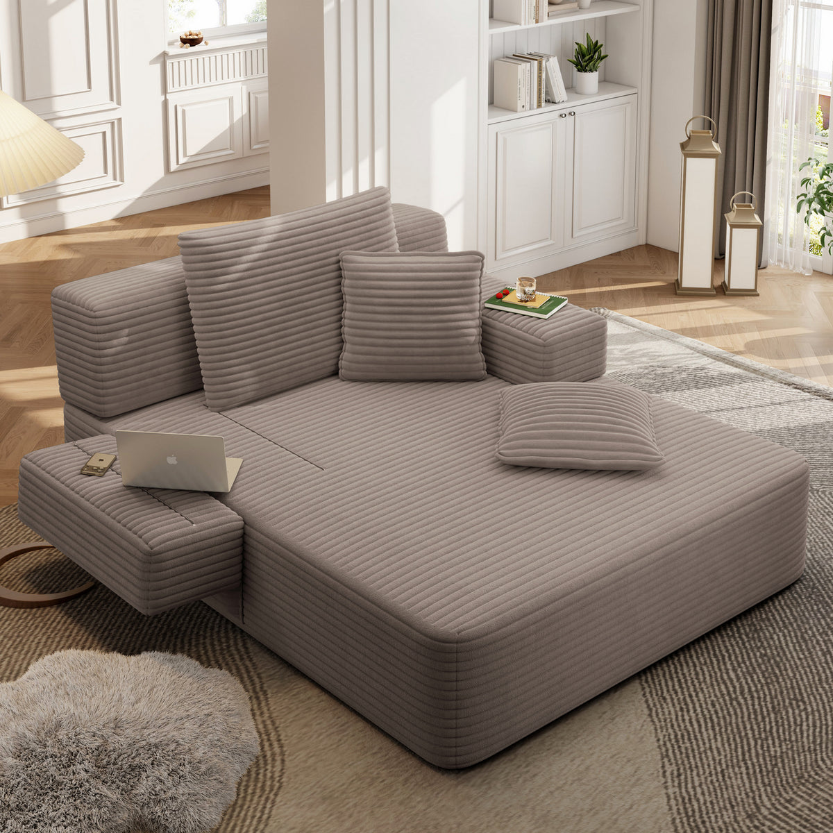 Oversized Plush Corduroy Chaise Lounge Sofa, Convertible Sleeper Couch Bed with Storage Pockets & 3 Pillows