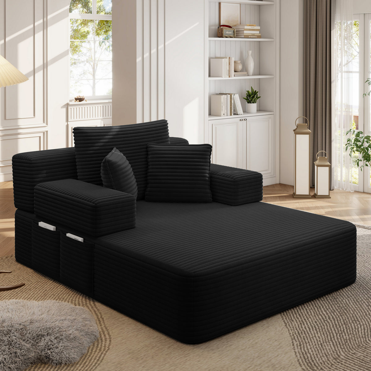 Oversized Plush Corduroy Chaise Lounge Sofa, Convertible Sleeper Couch Bed with Storage Pockets & 3 Pillows
