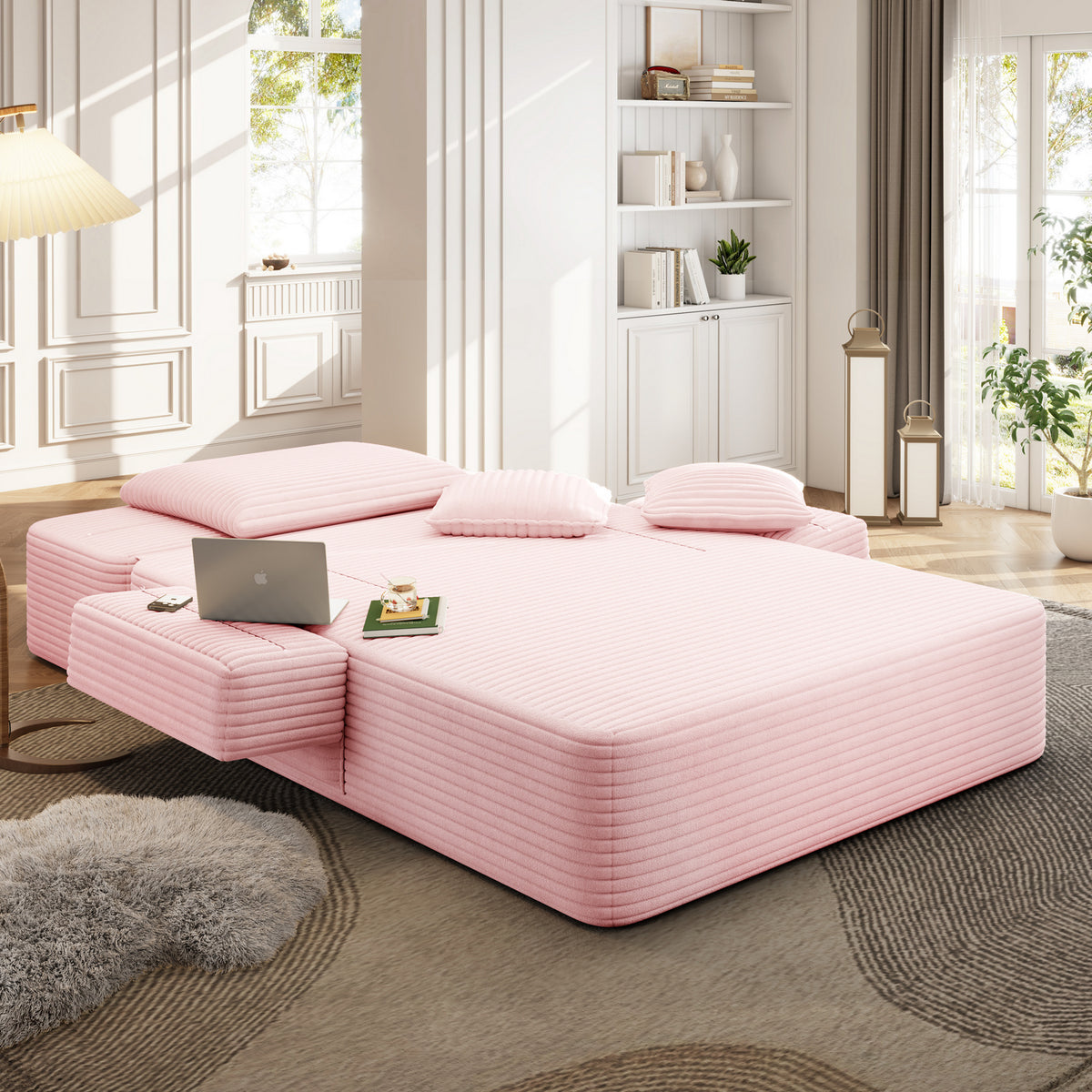 Oversized Plush Corduroy Chaise Lounge Sofa, Convertible Sleeper Couch Bed with Storage Pockets & 3 Pillows