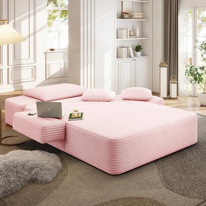 Oversized Plush Corduroy Chaise Lounge Sofa, Convertible Sleeper Couch Bed with Storage Pockets & 3 Pillows