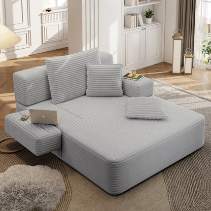 Oversized Plush Corduroy Chaise Lounge Sofa, Convertible Sleeper Couch Bed with Storage Pockets & 3 Pillows