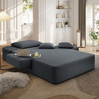 Oversized Plush Corduroy Chaise Lounge Sofa, Convertible Sleeper Couch Bed with Storage Pockets & 3 Pillows