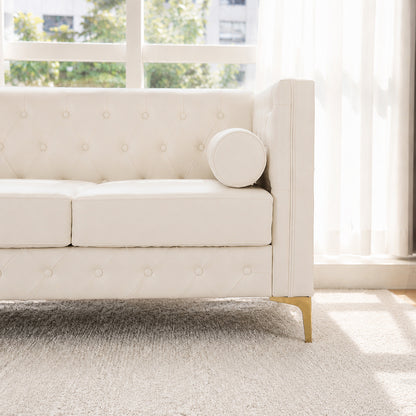 White Faux Leather Couch, Modern Tufted 3-Seat Sofa with Decorative Pillows, Metal Legs and High-Rebound Sponge Comfort for Home