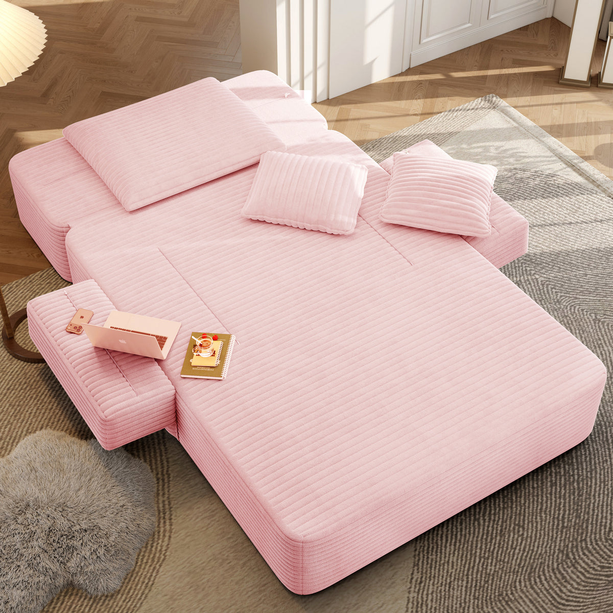 Oversized Plush Corduroy Chaise Lounge Sofa, Convertible Sleeper Couch Bed with Storage Pockets & 3 Pillows
