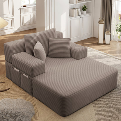 Oversized Plush Corduroy Chaise Lounge Sofa, Convertible Sleeper Couch Bed with Storage Pockets & 3 Pillows