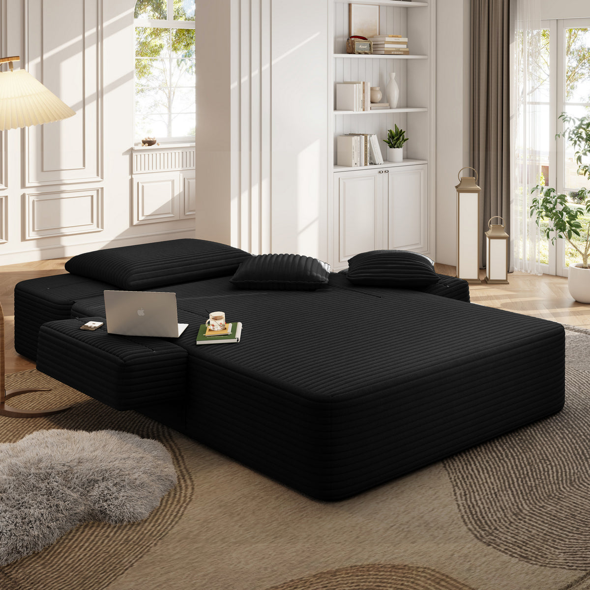 Oversized Plush Corduroy Chaise Lounge Sofa, Convertible Sleeper Couch Bed with Storage Pockets & 3 Pillows