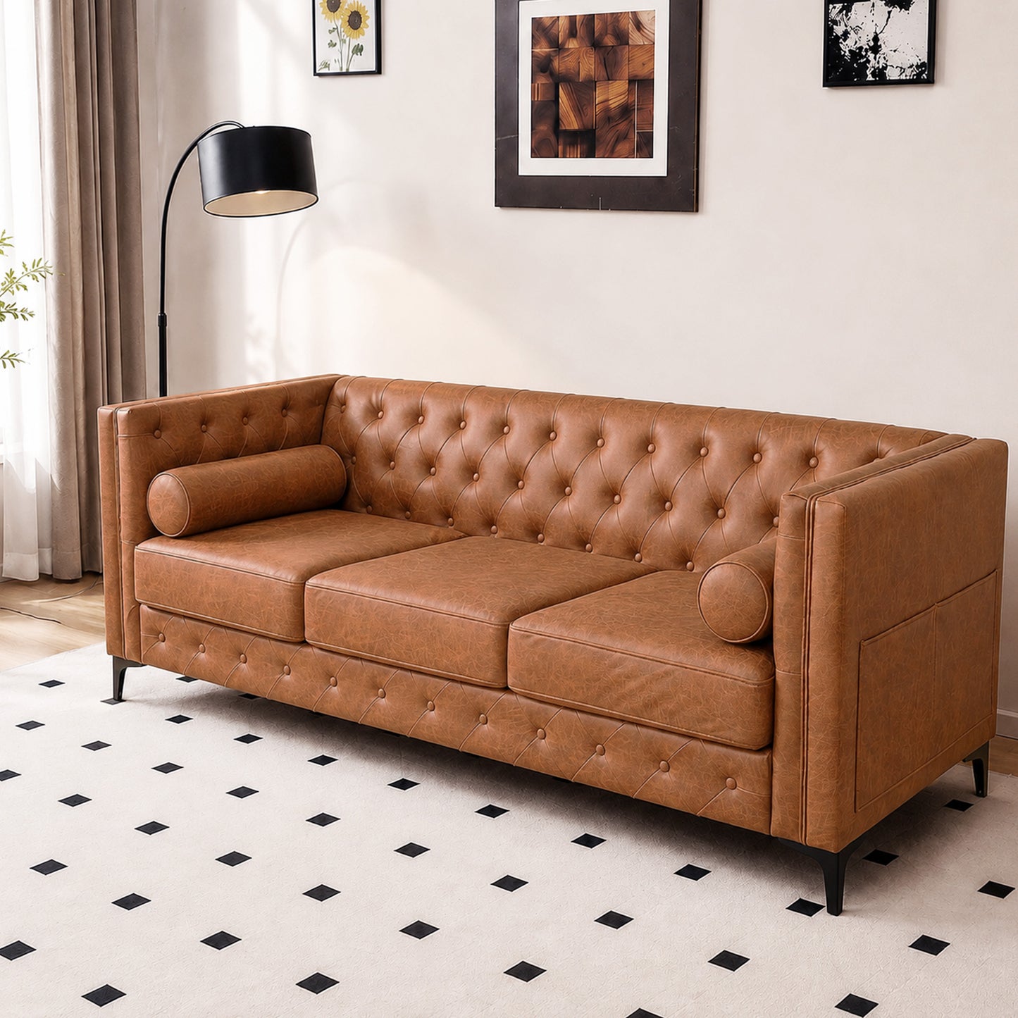 Brown Leather Sofa, Classic 3-Seater Living Room Couch with Button Tufted Design, Pocket Spring Cushion and Sturdy Wood Frame
