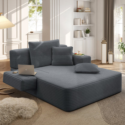 Oversized Plush Corduroy Chaise Lounge Sofa, Convertible Sleeper Couch Bed with Storage Pockets & 3 Pillows