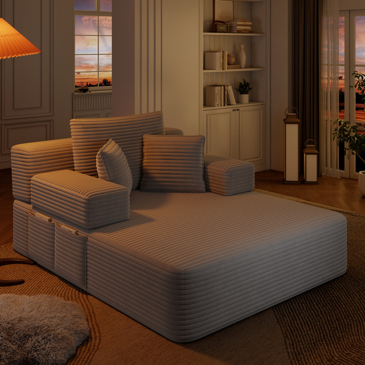Oversized Plush Corduroy Chaise Lounge Sofa, Convertible Sleeper Couch Bed with Storage Pockets & 3 Pillows
