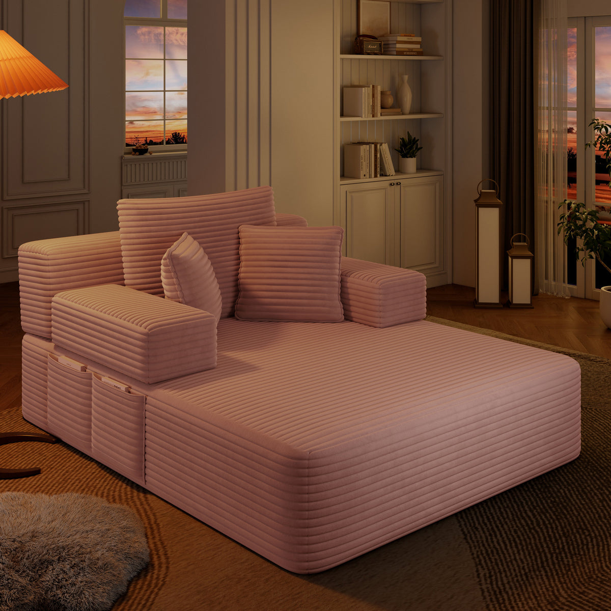 Oversized Plush Corduroy Chaise Lounge Sofa, Convertible Sleeper Couch Bed with Storage Pockets & 3 Pillows