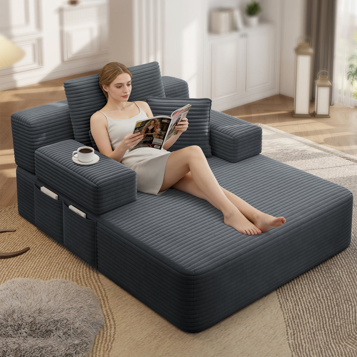 Oversized Plush Corduroy Chaise Lounge Sofa, Convertible Sleeper Couch Bed with Storage Pockets & 3 Pillows