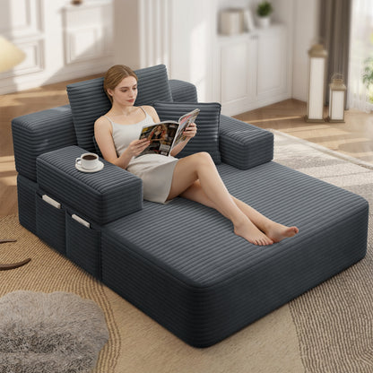 Oversized Plush Corduroy Chaise Lounge Sofa, Convertible Sleeper Couch Bed with Storage Pockets & 3 Pillows