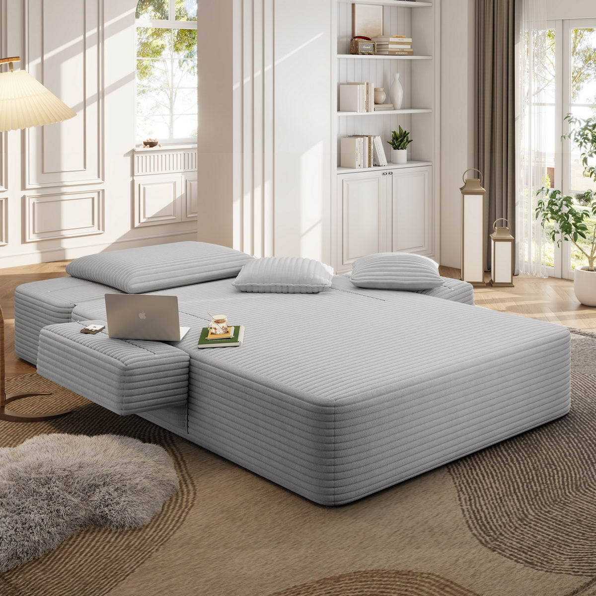 Oversized Plush Corduroy Chaise Lounge Sofa, Convertible Sleeper Couch Bed with Storage Pockets & 3 Pillows