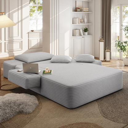 Oversized Plush Corduroy Chaise Lounge Sofa, Convertible Sleeper Couch Bed with Storage Pockets & 3 Pillows