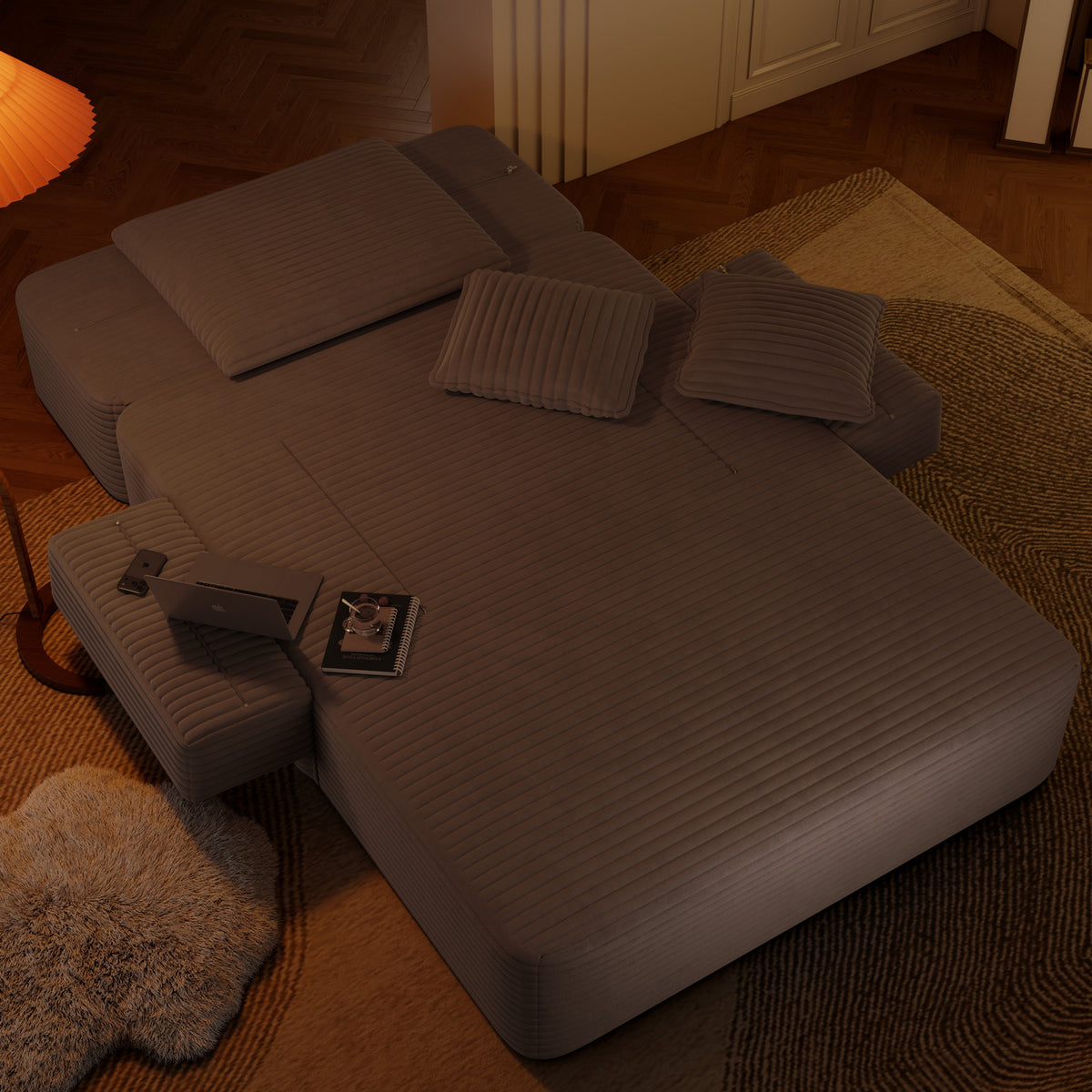 Oversized Plush Corduroy Chaise Lounge Sofa, Convertible Sleeper Couch Bed with Storage Pockets & 3 Pillows