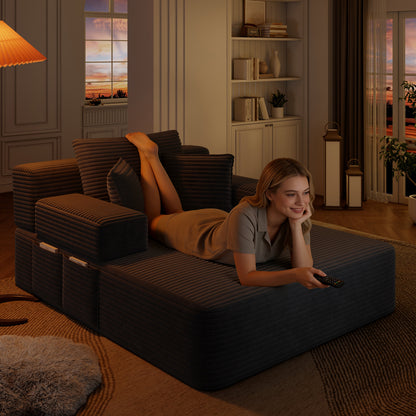 Oversized Plush Corduroy Chaise Lounge Sofa, Convertible Sleeper Couch Bed with Storage Pockets & 3 Pillows