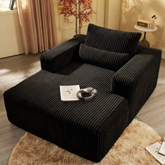 Black Corduroy Chaise Lounge Sofa, Oversized Single Leisure Chair with Square Arms, Support Pillows, No Assembly Needed for Living Room