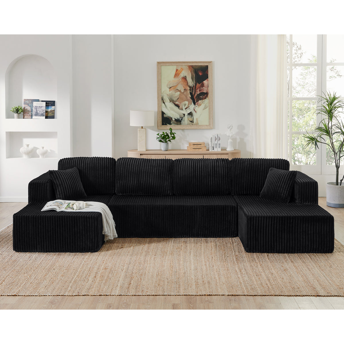 U-Shaped Modular Corduroy Sectional Sofa, Compressed Sleeper Couch