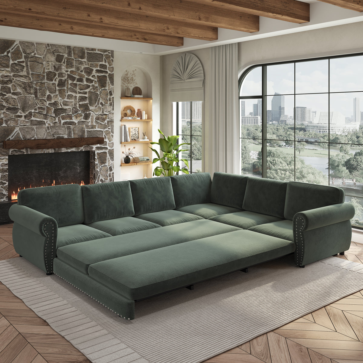 118" Oversized Convertible Sleeper Sofa with Nailhead Trim, L-Shaped Couch