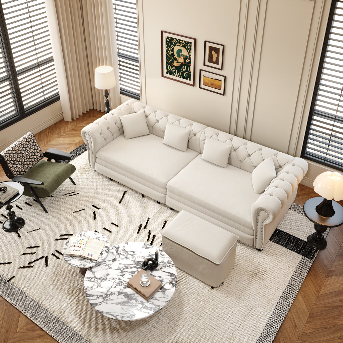 89" 3-Seater Velvet Chesterfield Sofa Bed with Movable Ottoman