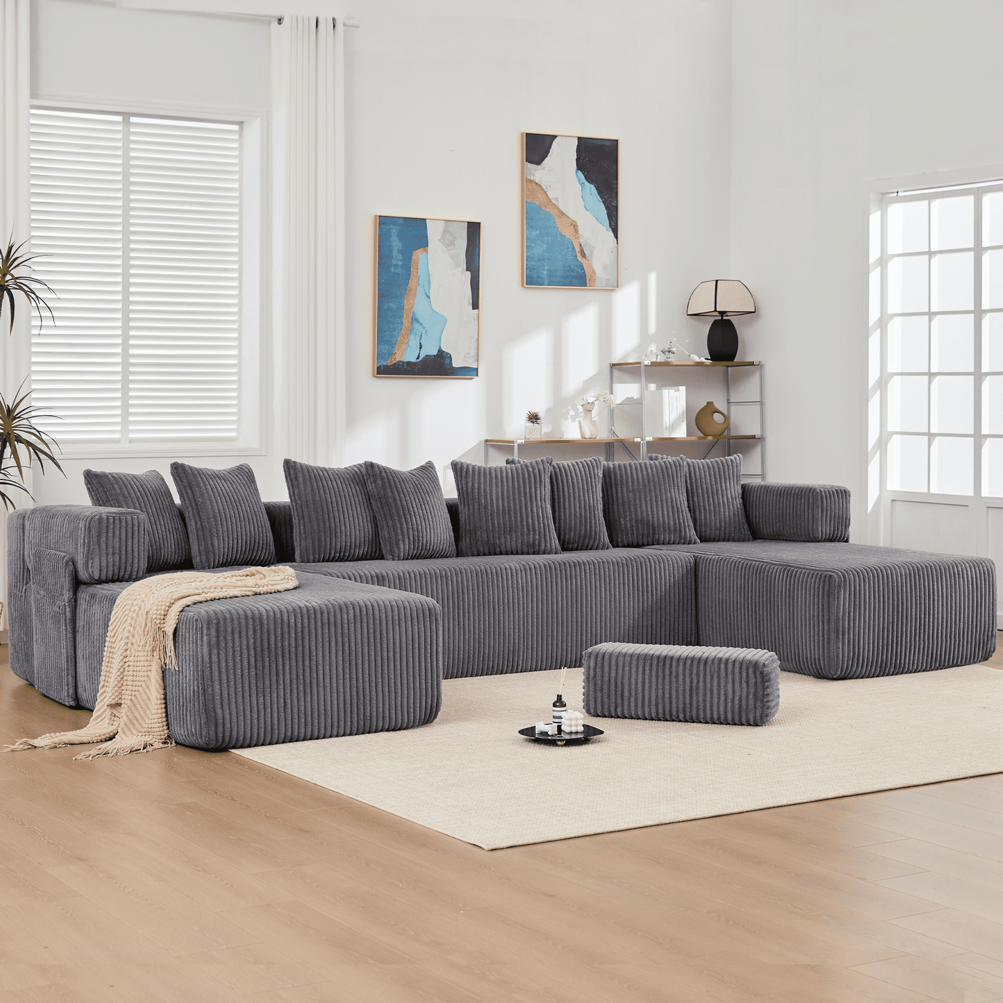 Dark Gray Oversized Modular Sectional Sofa – 6-Seat Convertible L-Shaped Corduroy Couch with Free Combination Design