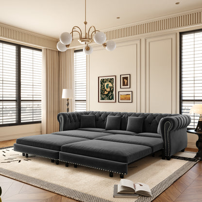 89" 3-Seater Velvet Chesterfield Sofa Bed with Movable Ottoman