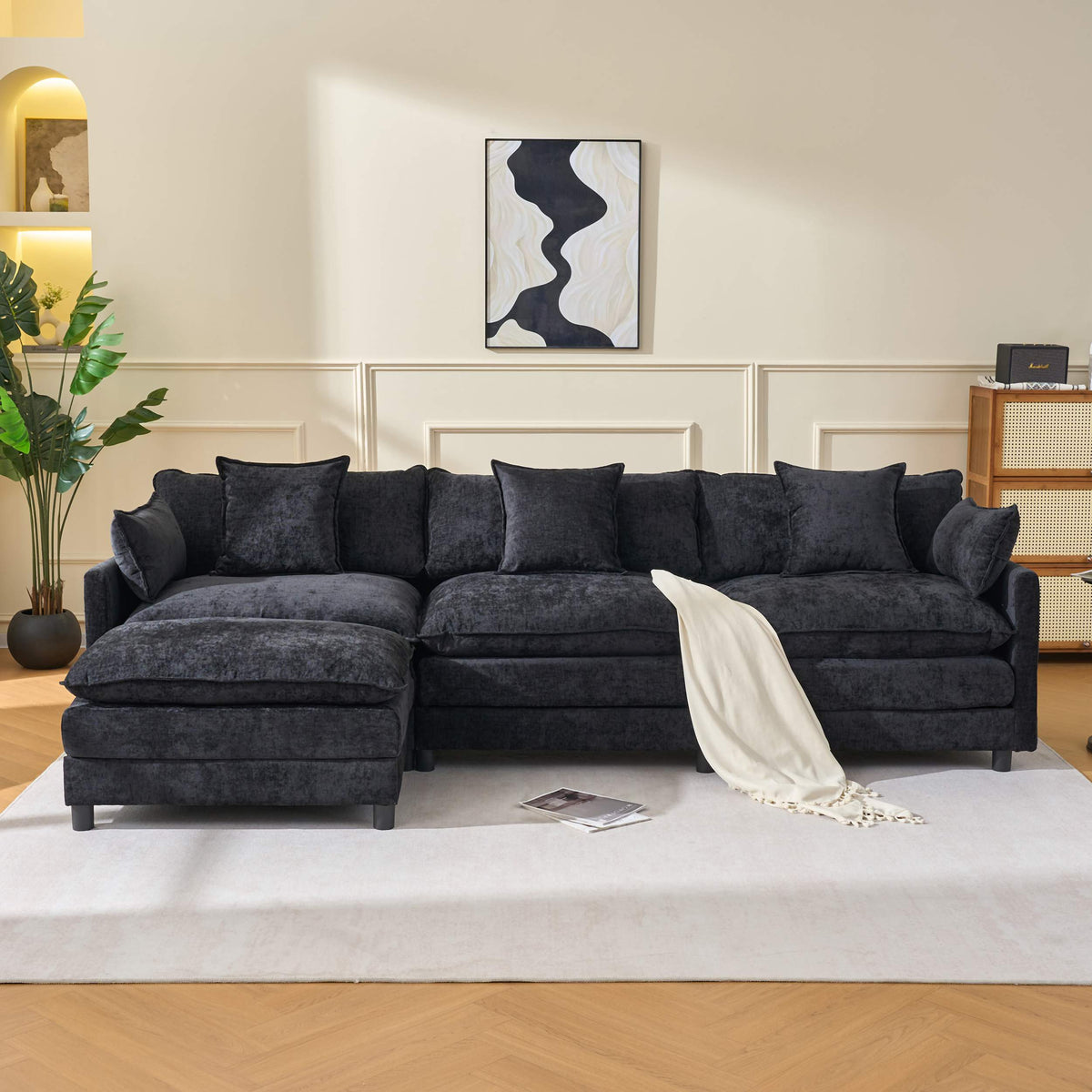 108" 4-Seater L-Shaped Modular Chenille Sofa with Ottoman, Deep Seat Cloud Couch
