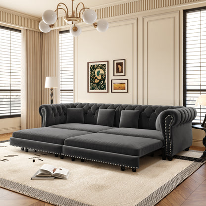 89" 3-Seater Velvet Chesterfield Sofa Bed with Movable Ottoman