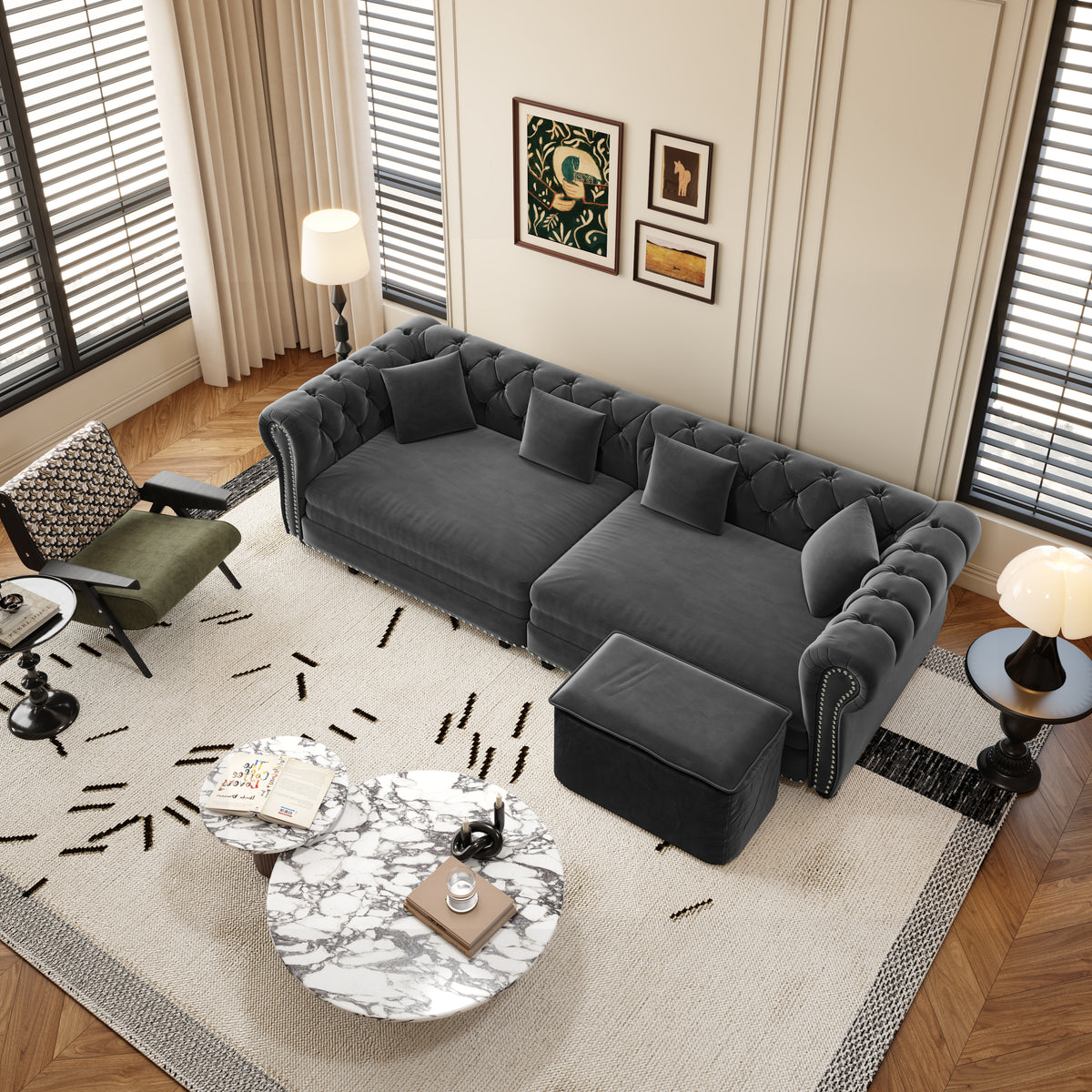 89" 3-Seater Velvet Chesterfield Sofa Bed with Movable Ottoman