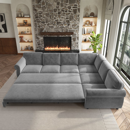 L-Shaped Chenille Sectional Sofa with Pull-Out Bed & Rolled Arm