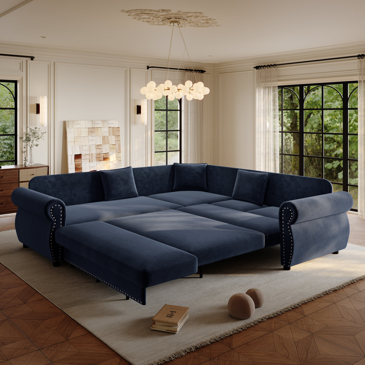 88.2" L-Shaped Chenille Sectional Sofa with Pull-Out Bed & Rolled Arm