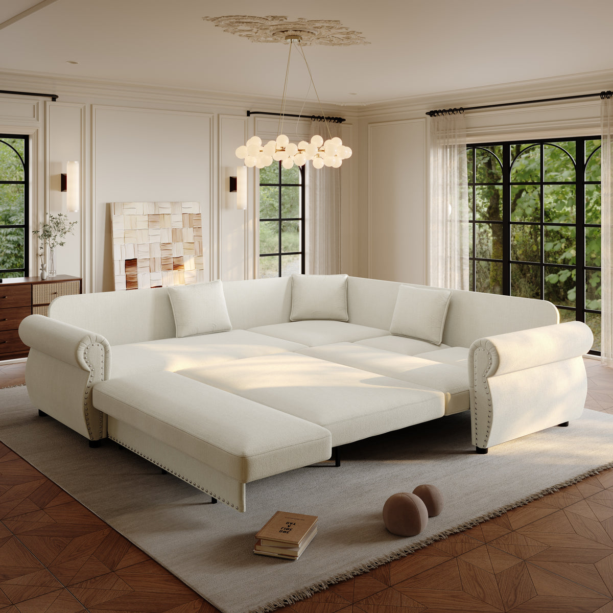 88.2" L-Shaped Chenille Sectional Sofa with Pull-Out Bed & Rolled Arm