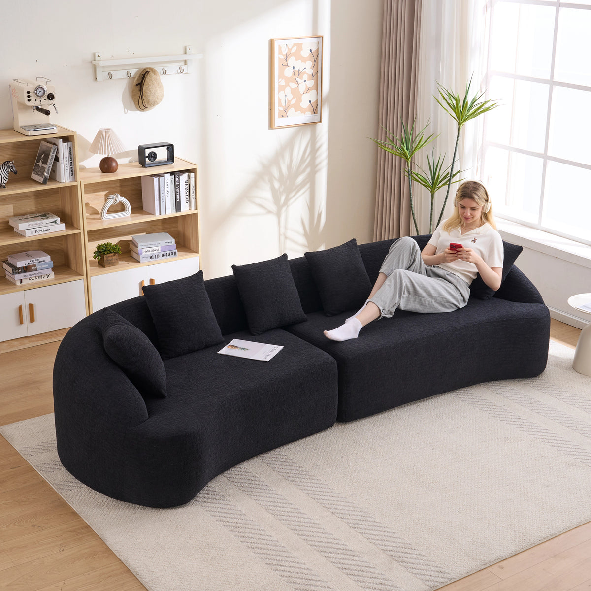 Curved Boneless Chenille Modular Sectional Sofa, Compression Sleeper Couch