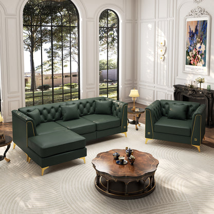 4 Pillows Light Luxury Chesterfield Sofa, Faux Leather, Button Tufting, Metal Trim Armrests & Thin Metal Legs