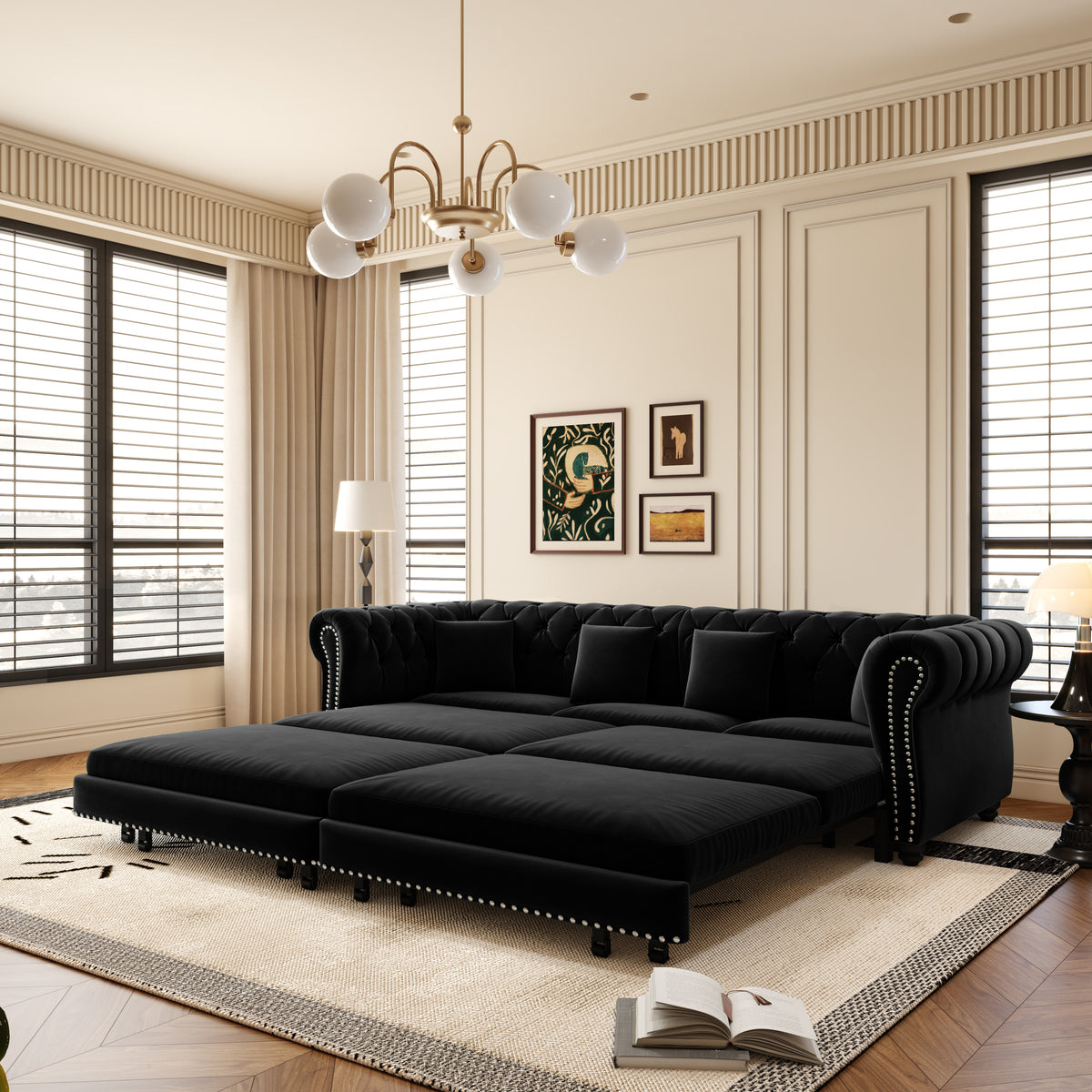 89" 3-Seater Velvet Chesterfield Sofa Bed with Movable Ottoman