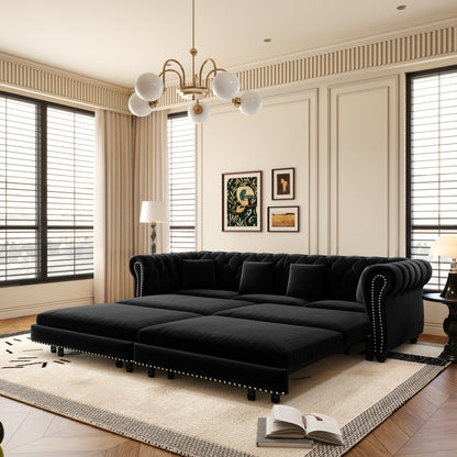 89" 3-Seater Velvet Chesterfield Sofa Bed with Movable Ottoman