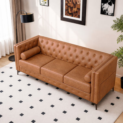 Brown Leather Sofa, Classic 3-Seater Living Room Couch with Button Tufted Design, Pocket Spring Cushion and Sturdy Wood Frame