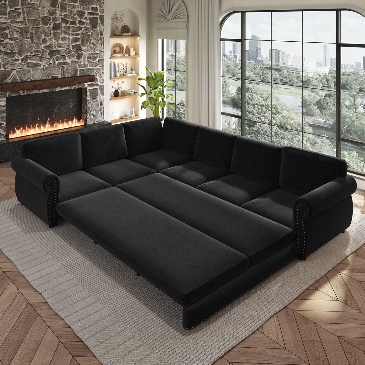 118" Oversized Convertible Sleeper Sofa with Nailhead Trim, L-Shaped Couch