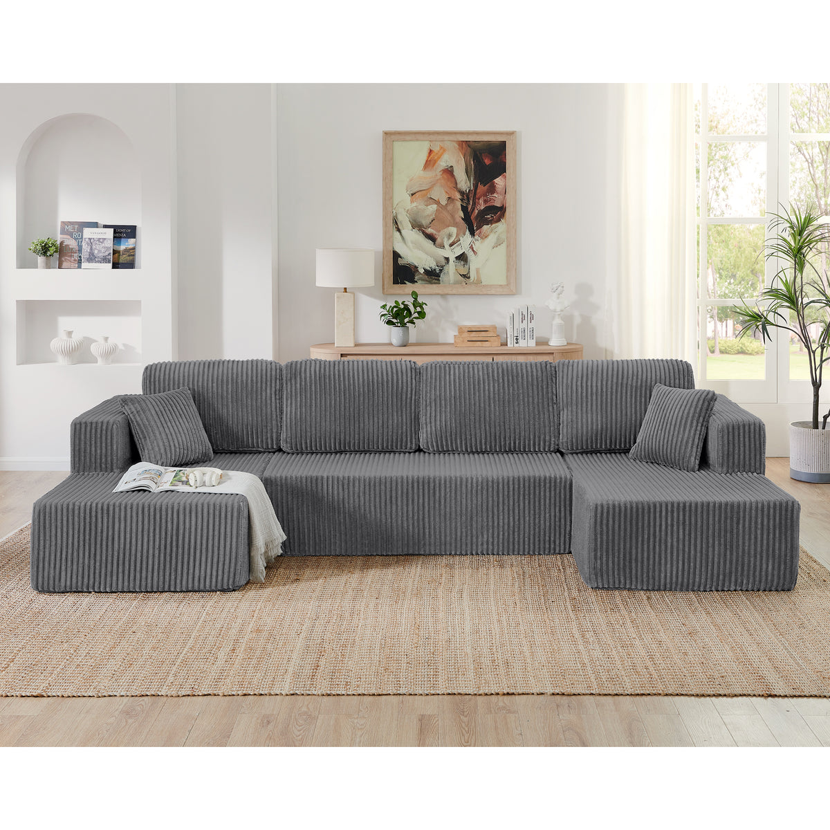 U-Shaped Modular Corduroy Sectional Sofa, Compressed Sleeper Couch