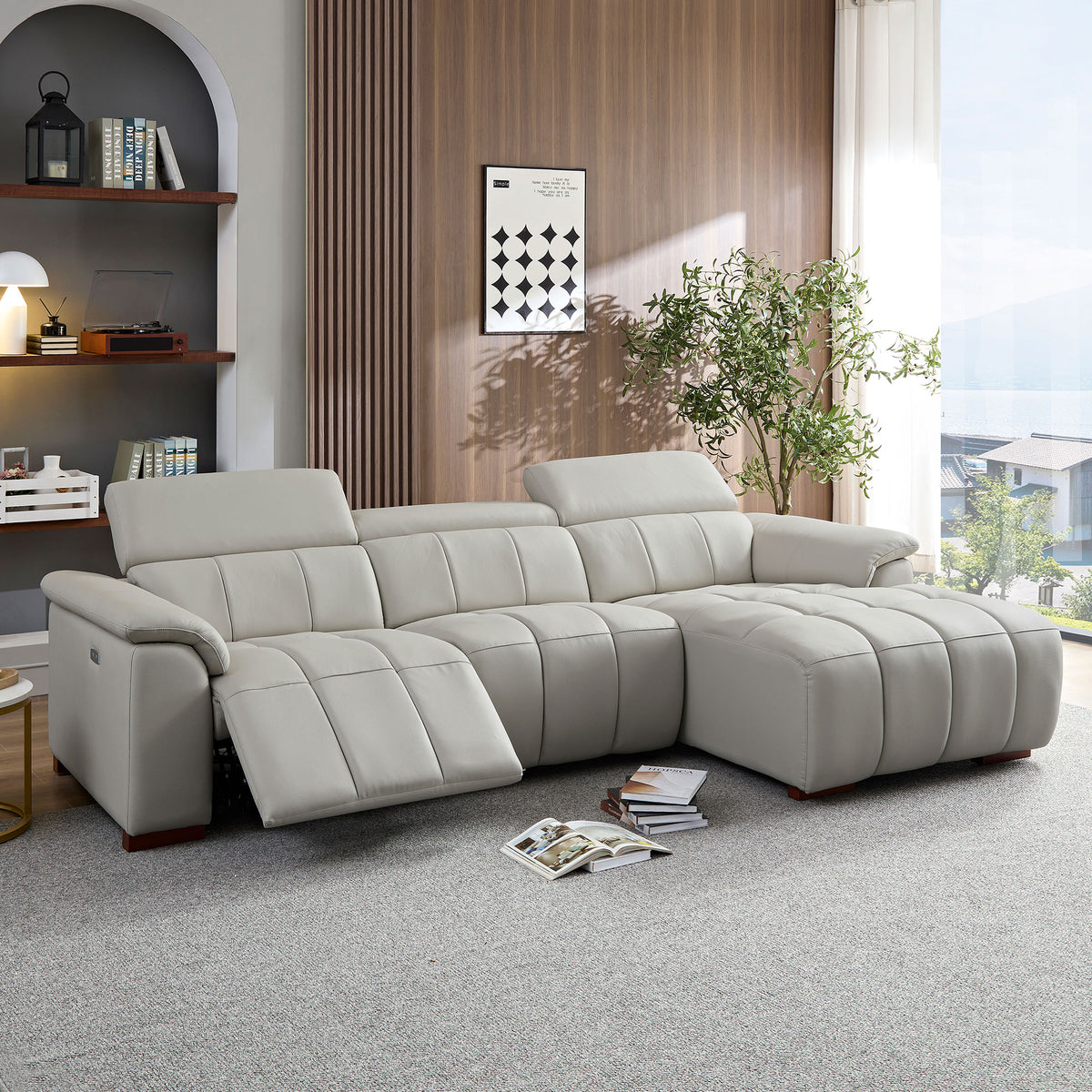 Modern Electric Wall-Hugger Reclining L-Shaped Leather Sofa with USB Port